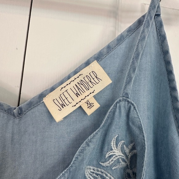 Sweet Wanderer Blue Jean Embroidered Floral Tank Top - Picture 3 of 3